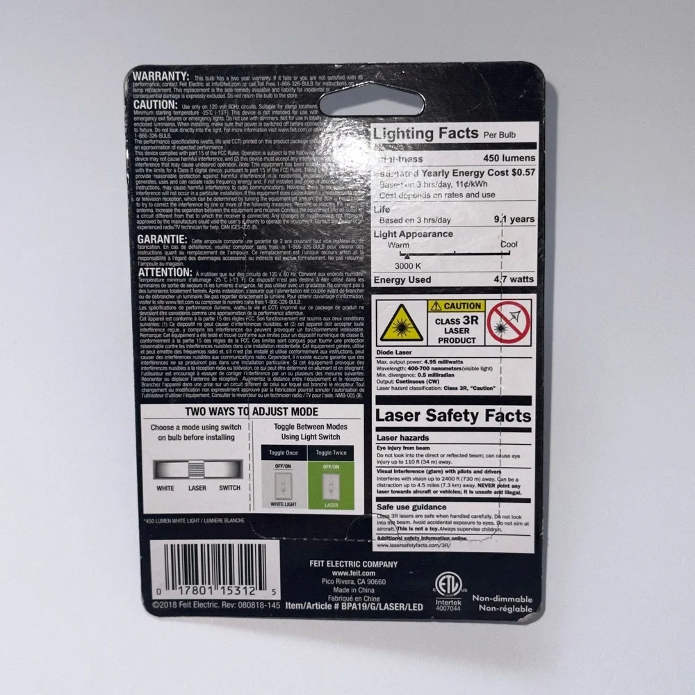 Feit Green Laser/Standard Bright White LED A19‎ Party Dual Mode Disco Light Bulb